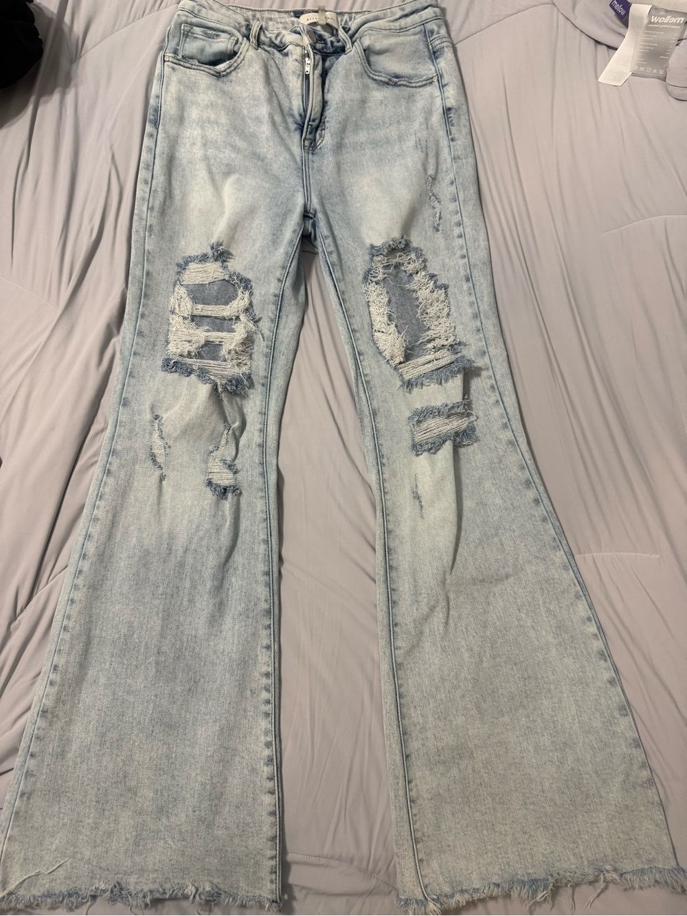 Light Blue Distressed High-Rise Flare Jeans for Women